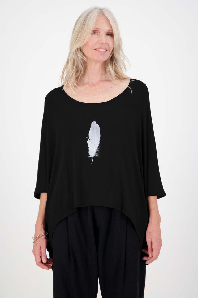 Whisper Tee (Black) Feather Print